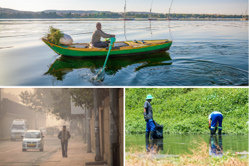 Top: An Egyptian man collects grass in his boat. Bottom left: A man walking through air pollution in India. Bottom right: Two people cleaning a polluted river in Cape Town, South Africa