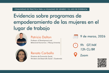 Tarjeta de evento de la Comunidad de Práctica para la Igualdad de Género y el Uso de Evidencia. Título: “Evidence on workplace gender empowerment programs (Featuring Beca Artesano, Guatemala)”. Participan Patricio Dalton y Renata Carballo. Fecha: 9 de marzo de 2026. Hora: 11h ET (9h GT/MX | 12h CL/BR). Modalidad: Zoom.