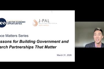 Virtual presentation slide for Evidence Matters Series webinar titled '10 Lessons for Building Government and Research Partnerships That Matter' with presenter Vincent Quan from J-PAL North America, dated March 31, 2026