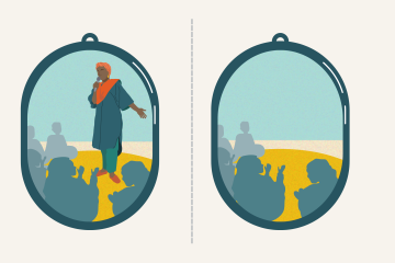 On the left side, a woman speaks to an audience. On the right, there is no speaker.